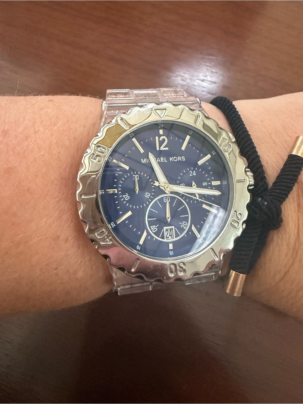 Michael Kors Silver Bezel Navy Dial Chronograph Watch with Clear Bracelet